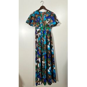 Handmade Dress with Flutter Sleeves Abstract Floral Brown, Green, Blue
